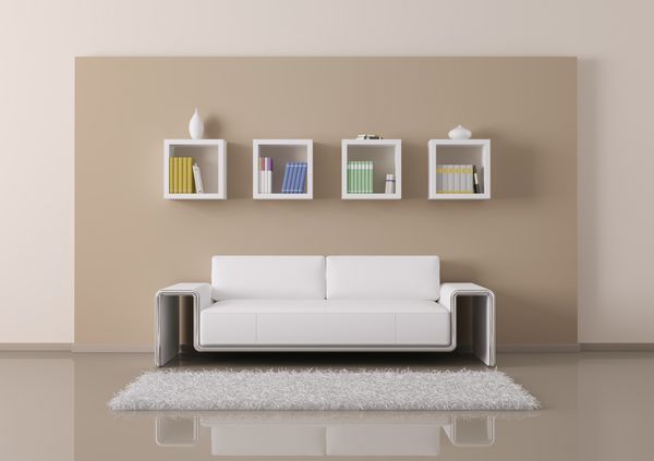 فضای داخلی اتاق نشیمن با مبل و قفسه کتاب رندر سه بعدی