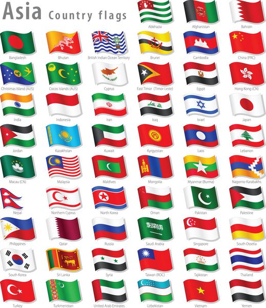 مجموعه وکتور از تمام پرچم های ملی آسیا در موقعیت تکان دادن سه بعدی شبیه سازی شده با نام و سایه خاکستری هر پرچمی با نامگذاری مناسب روی لایه خودش جدا شده است