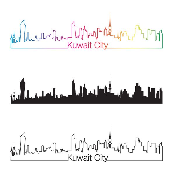 سبک خطی خط افق شهر کویت با رنگین کمان در فایل وکتور قابل ویرایش