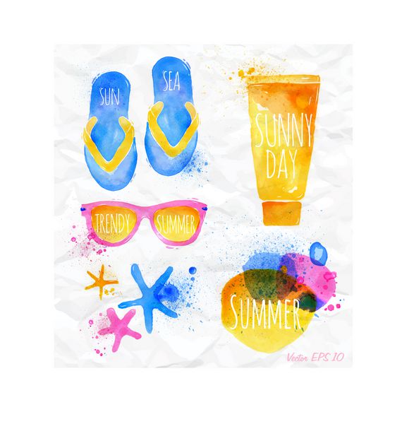 ستاره‌های دریایی آبرنگ عینک آفتابی صورتی صندل‌های دمپایی حروف تابستانی مد روز را روی پس‌زمینه کاغذی ست کنید