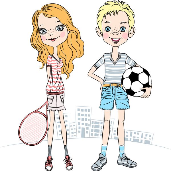 وکتور دختر شیک پوش زیبا با راکت تنیس و پسر ورزشکار با توپ فوتبال