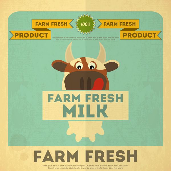 پوستر شیر تازه مزرعه پلاکارد رترو با گاو وکتور