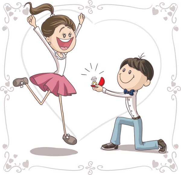 کارتون وکتور پیشنهاد ازدواج - وکتور کارتون یک مرد جوان بامزه که از عروس آینده بسیار خوشحال خواستگاری می کند