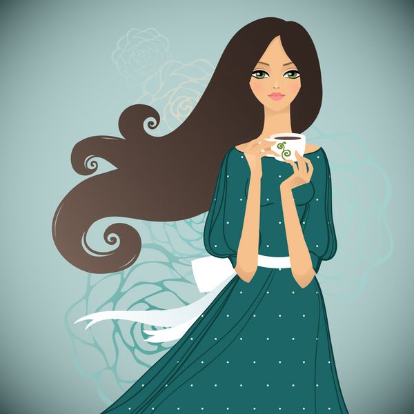 دختر با فنجان چای در زمینه گل وکتور