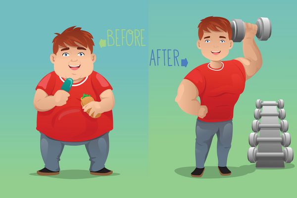 وکتور از مفهوم کاهش وزن یک مرد قبل و بعد از رژیم