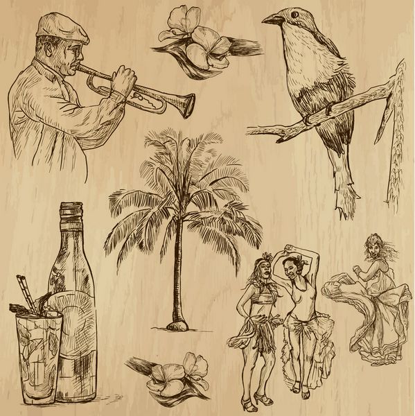 سفر کوبا مجموعه شماره 3 مجموعه ای از تصاویر طراحی شده با دست هر نقاشی شامل دو لایه خطوط است پس زمینه رنگی جدا شده است