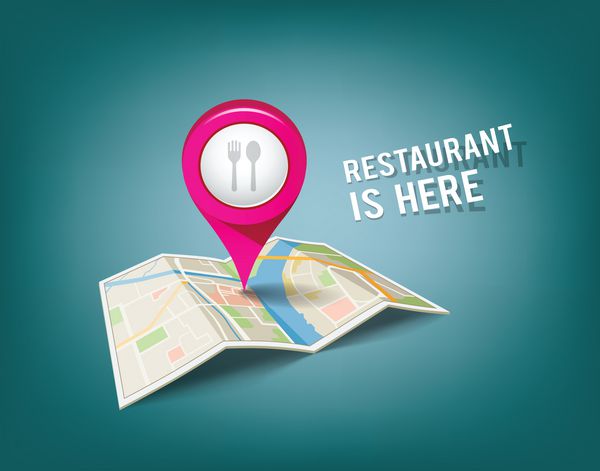 نقشه های تا شده با نشانگرهای رنگ صورتی پس زمینه طراحی رستوران اینجاست وکتور