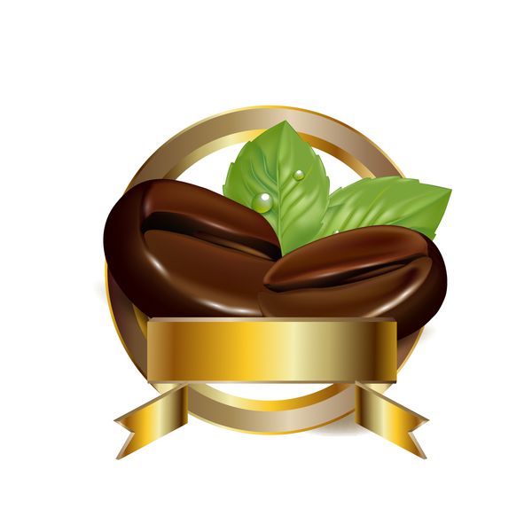 دانه های قهوه در نماد طلایی دایره ای جدا شده روی سفید