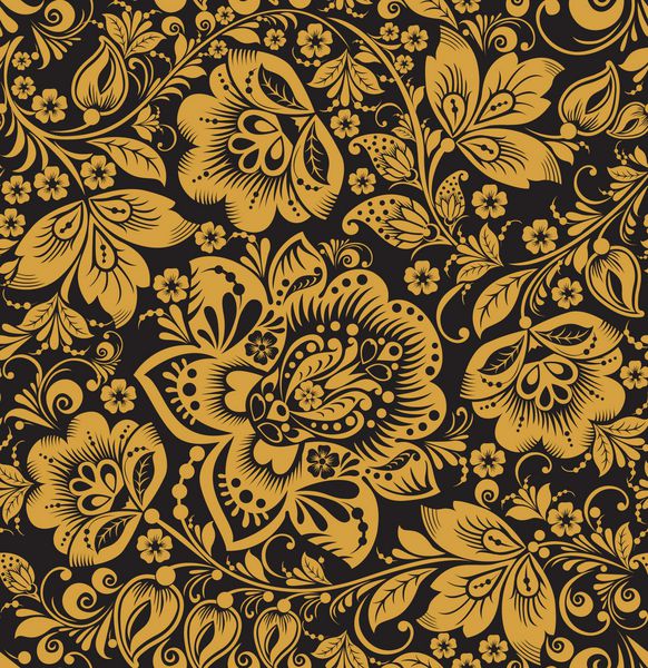 الگوی گل بدون درز گل های طلایی در زمینه مشکی هوهلوما