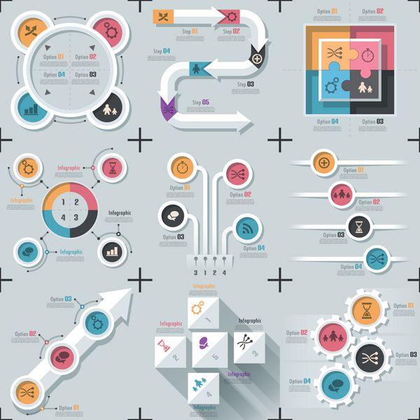 مجموعه ای از 9 الگوی مینیمال اینفوگرافیک مسطح با فلش ها دایره ها عناصر پازل و اشکال هندسی دیگر بردار می تواند برای طراحی وب و طرح گردش کار استفاده شود