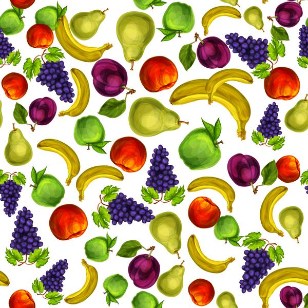 پس‌زمینه الگوی میوه‌های رسیده ارگانیک مخلوط بدون درز با وکتور طرح دستی انگور هلو آلو سیب و گلابی و موز