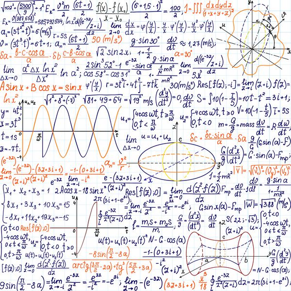 بردار ریاضی الگوی بدون درز با فرمول ها و شکل ها دست نویس بر روی کاغذ کتاب کپی رنگ های مختلف