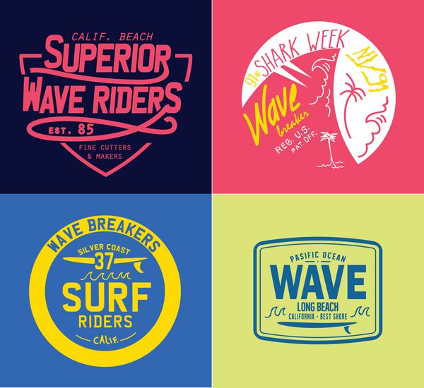 مجموعه وکتور نمادها و نمادهای موج سواری در ساحل سفر