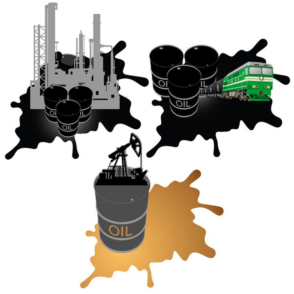رابطه فرآورده های نفتی سکوی نفت و لوکوموتیو حامل فرآورده های نفتی در پس زمینه لکه نفتی تصویر در پس زمینه سفید