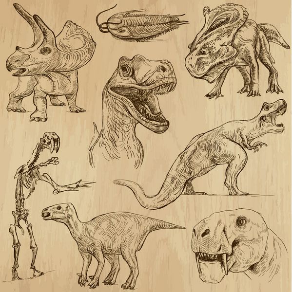 دایناسورها - زندگی در دوران ماقبل تاریخ مجموعه شماره 3 - مجموعه ای از تصاویر کشیده شده با دست توضیحات هر نقاشی از دو لایه خطوط تشکیل شده است پس زمینه رنگی جدا شده است