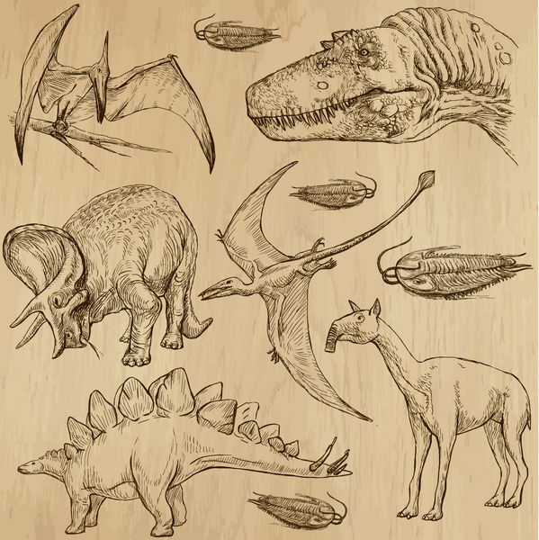 دایناسورها - زندگی در دوران ماقبل تاریخ مجموعه شماره 4 - مجموعه ای از تصاویر کشیده شده با دست توضیحات هر نقاشی از دو لایه خطوط تشکیل شده است پس زمینه رنگی جدا شده است