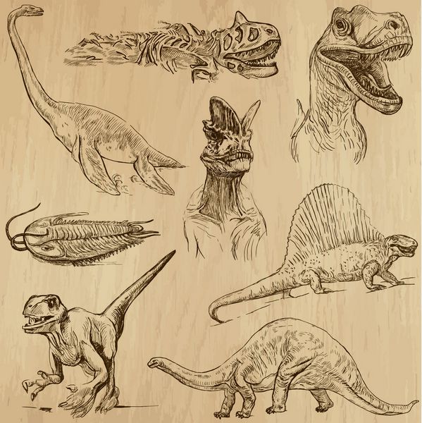 دایناسورها -زندگی در دوران ماقبل تاریخ مجموعه شماره 1 - مجموعه ای از تصاویر کشیده شده با دست توضیحات هر نقاشی از دو لایه خطوط تشکیل شده است پس زمینه رنگی جدا شده است