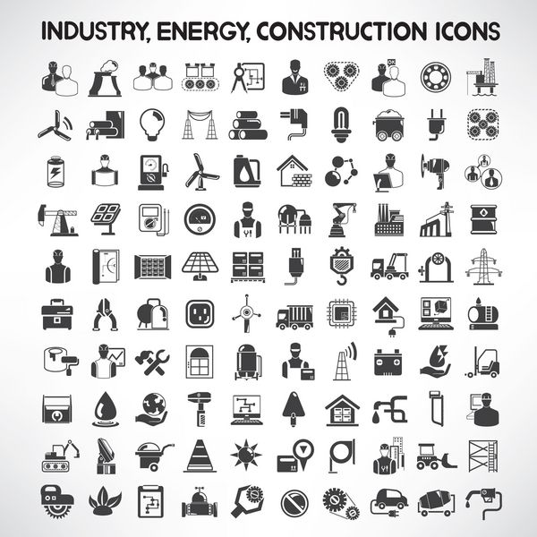 مجموعه آیکون های صنعت انرژی و ساخت و ساز دکمه های جزئیات صنعتی و مهندسی