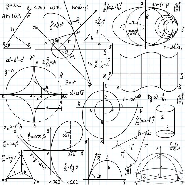 الگوی بدون درز وکتور زیبا با اشکال و نمودارهای ریاضی دست نوشته روی کاغذ دفترچه