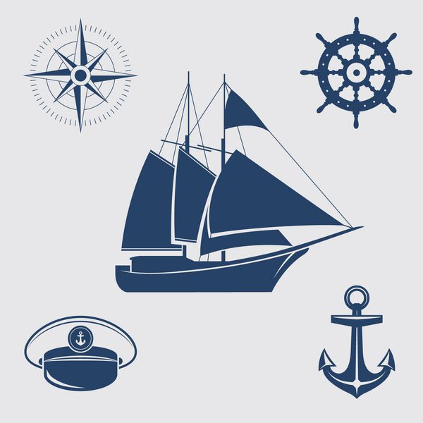 پنج نماد آبی آبی قایق بادبانی قطب نما فرمان کلاه کاپیتان و لنگر