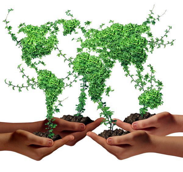 جامعه محیطی و مفهوم توسعه تجارت به عنوان گروهی از قومیت های جهانی که دستانشان گیاهان سبز با برگ هایی به شکل جهان به عنوان استعاره ای از اقتصاد بین المللی رو به رشد است
