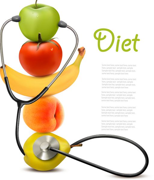 میوه با گوشی پزشکی مفهوم رژیم غذایی سالم بردار
