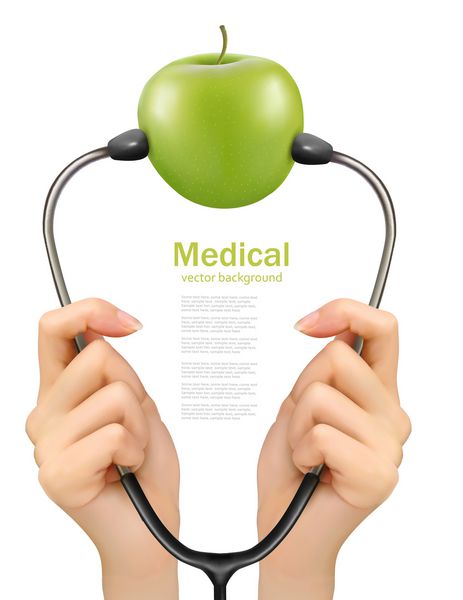 گوشی پزشکی و یک سیب سبز پیشینه پزشکی بردار