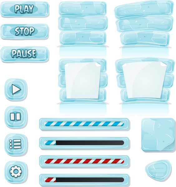 آیکون های کارتونی یخ و شیشه برای بازی رابط کاربری تصویرسازی مجموعه ای از عناصر مختلف طراحی کارتونی بازی رابط کاربری یخی و شیشه ای شامل بنرها علائم دکمه ها بارگذاری و پس زمینه آیکون برنامه