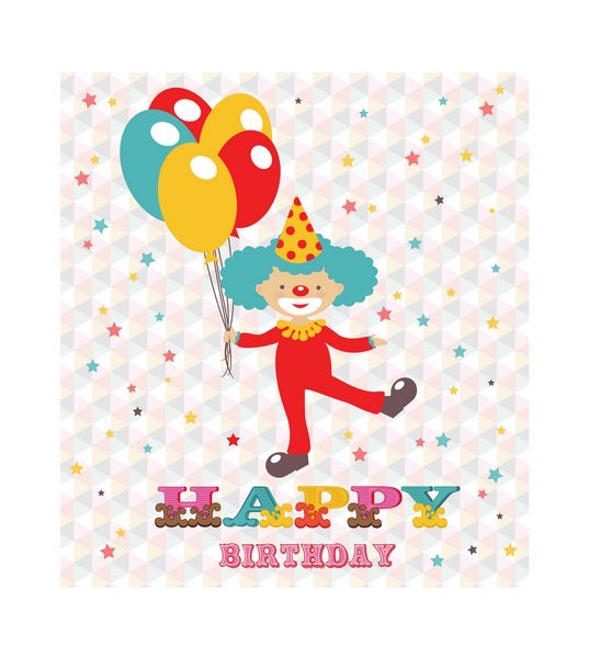 کارت تبریک تولد با دلقکی که بالن در دست دارد