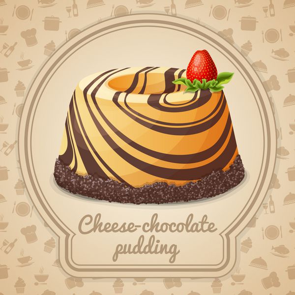 پودینگ پنیر شکلاتی با نماد دسر توت فرنگی در قاب و نمادهای پخت غذا در وکتور پس زمینه