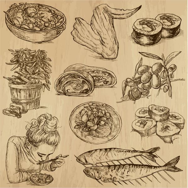 غذا و نوشیدنی در سراسر جهان مجموعه شماره 10 - مجموعه ای از تصاویر طراحی شده با دست توضیحات هر نقاشی از دو لایه خطوط تشکیل شده است پس زمینه رنگی جدا شده است