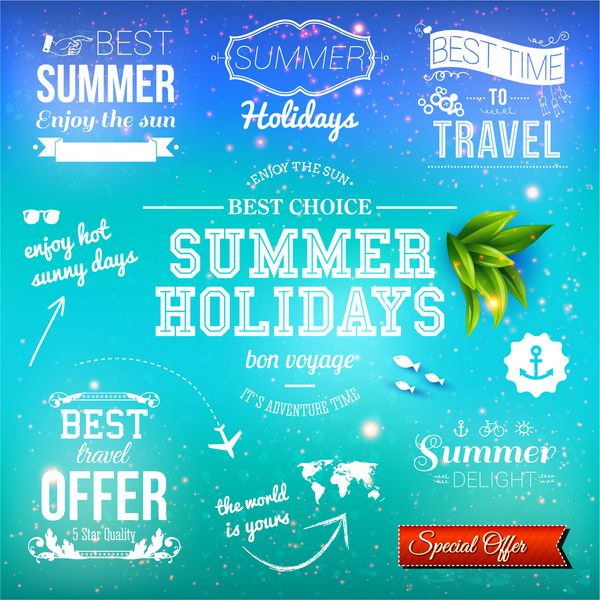 طراحی تابستانی مجموعه ای از برچسب های تایپوگرافی برای تعطیلات تابستانی وکتور