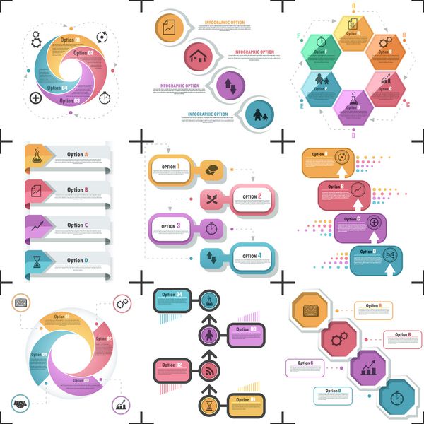 مجموعه ای از 9 قالب اینفوگرافیک مینیمال مسطح بردار می تواند برای طراحی وب طرح گردش کار رسانه های اجتماعی سرگرمی و بازی استفاده شود