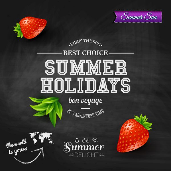 طراحی تابستانی پوستر برای تعطیلات تابستانی پس زمینه تخته سیاه و طراحی تایپوگرافی وکتور