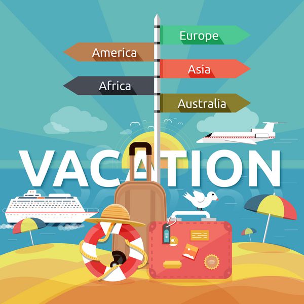 مجموعه آیکون های سفر برنامه ریزی برای تعطیلات تابستانی اشیاء گردشگری و سفر و چمدان مسافر در طراحی تخت انواع مختلف سفر مفهوم سفر کاری