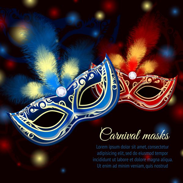 ماسک مهمانی رنگارنگ ماردی گراس کارناوال ونیزی روی تصویر وکتور پس زمینه درخشان تیره