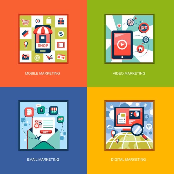 مجموعه ای از نمادهای مفهومی طراحی مسطح برای خدمات و برنامه های وب و تلفن همراه نمادهایی برای بازاریابی تلفن همراه بازاریابی ایمیلی بازاریابی ویدئویی و بازاریابی دیجیتال