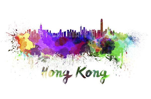 خط افق هنگ کنگ در آبرنگ با مسیر برش