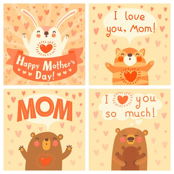 کارت تبریک برای مادر با حیوانات زیبا وکتور