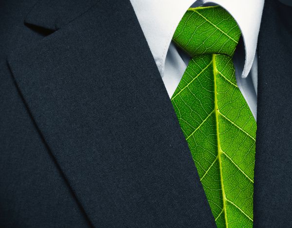 کت و شلوار تجاری و برگ های سبز به عنوان کراوات نشان دهنده یک شغل طبیعی در دفاع از محیط سبز است