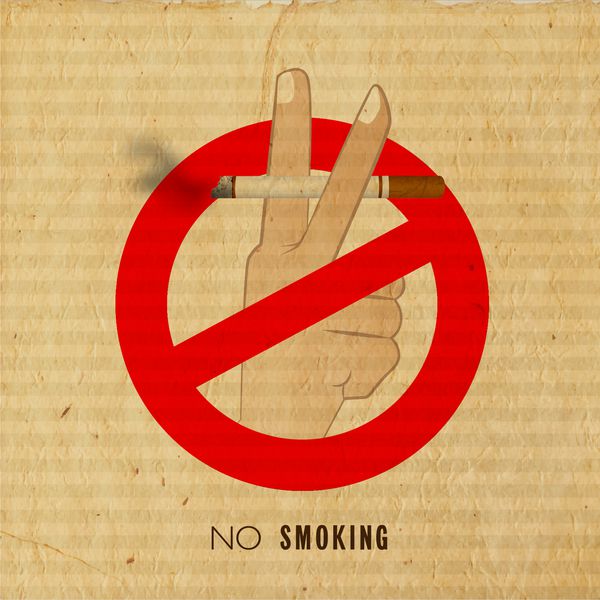 طرح پوستر بنر یا بروشور قدیمی ضد سیگار با دست انسان که سیگاری در حال سوختن را در پس زمینه قهوه‌ای تیره نگه داشته است