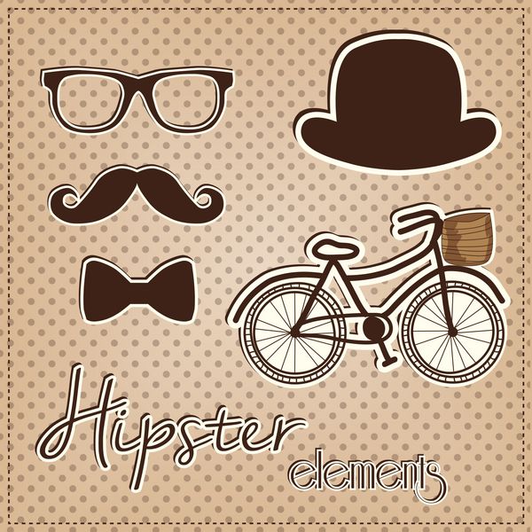 مجموعه عناصر هیپستر عینک های قدیمی یا رترو سبیل پاپیون کلاه و دوچرخه روی پس زمینه خال خالی برای اسکرپ بوک فرمت وکتور