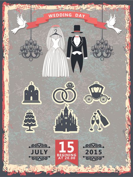 طرح وکتور دعوت عروسی با لباس عروس لوستر و آیکون پس زمینه قدیمی قدیمی وکتور کارت تبریک دعوت نامه تاریخ را ذخیره کنید