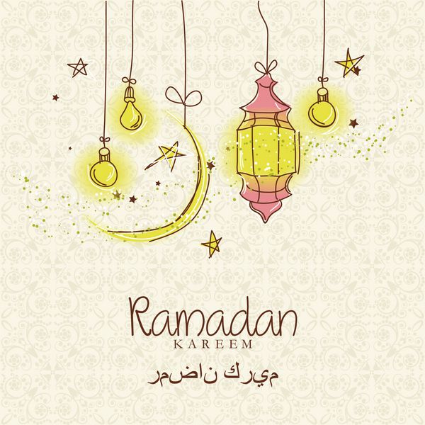 طرح خلاقانه کارت تبریک جشن ماه مبارک رمضان کریم با فانوس و ستاره های آویزان ماه و ماه مبارک در زمینه بژ