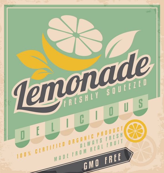 طراحی پوستر رترو برای لیموناد سرد یخی برچسب قدیمی برای محصول میوه ارگانیک بدون GMO مفهوم خلاقانه قالب تبلیغاتی تبلیغاتی غذا و نوشیدنی