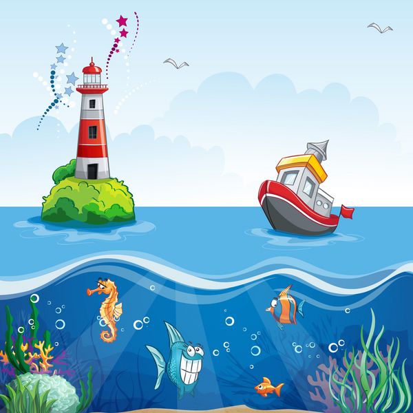 تصویرسازی به سبک کارتونی از یک کشتی در دریا و ماهی سرگرم کننده