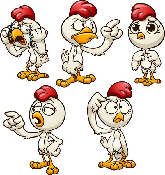 مرغ کارتونی با احساسات متفاوت وکتور وکتور کلیپ آرت با شیب های ساده هر کدام در یک لایه جداگانه