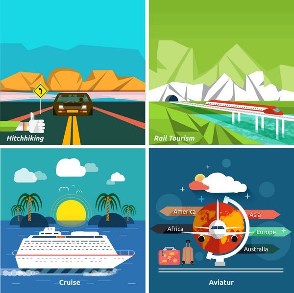مجموعه آیکون های سفر برنامه ریزی برای تعطیلات تابستانی اشیاء گردشگری و سفر و چمدان مسافر در طراحی تخت انواع مختلف سفر از جمله سفرهای مسافرتی سفرهای دریایی هوانوردی و ریلی