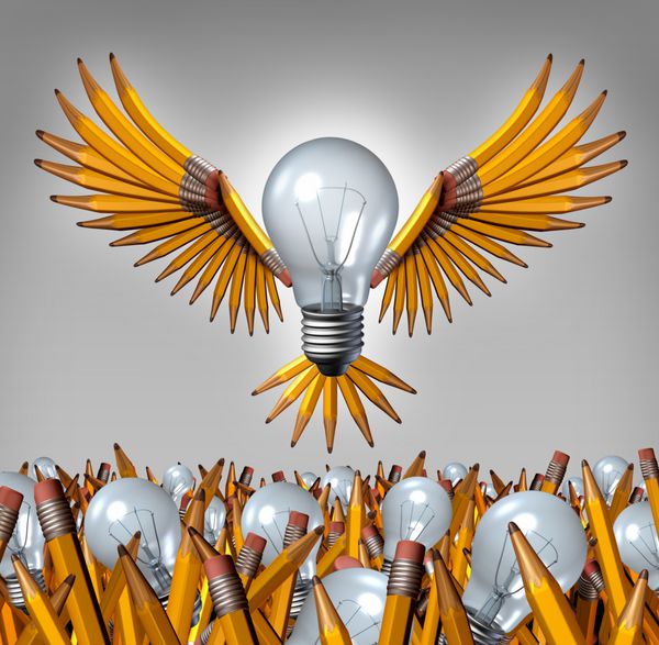 مفهوم مداد لامپ فکر کردن خارج از جعبه به عنوان یک ترکیب همکاری خلاقانه پروازی که از گروهی از لامپ ها و مدادها به عنوان یک استعاره موفقیت رهبری کسب و کار برای تیم کردن بیرون می آید