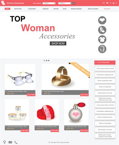 طراحی قالب وب سایت به همراه آیکون و تصاویر لوازم جانبی زن